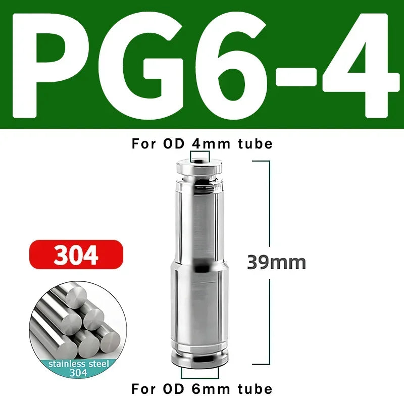304 Stainless Steel Pneumatic Quick Connect Fitting PG PU 4/6/8/10mm Air Compressor Gas Pipe Hydraulic Plug-In