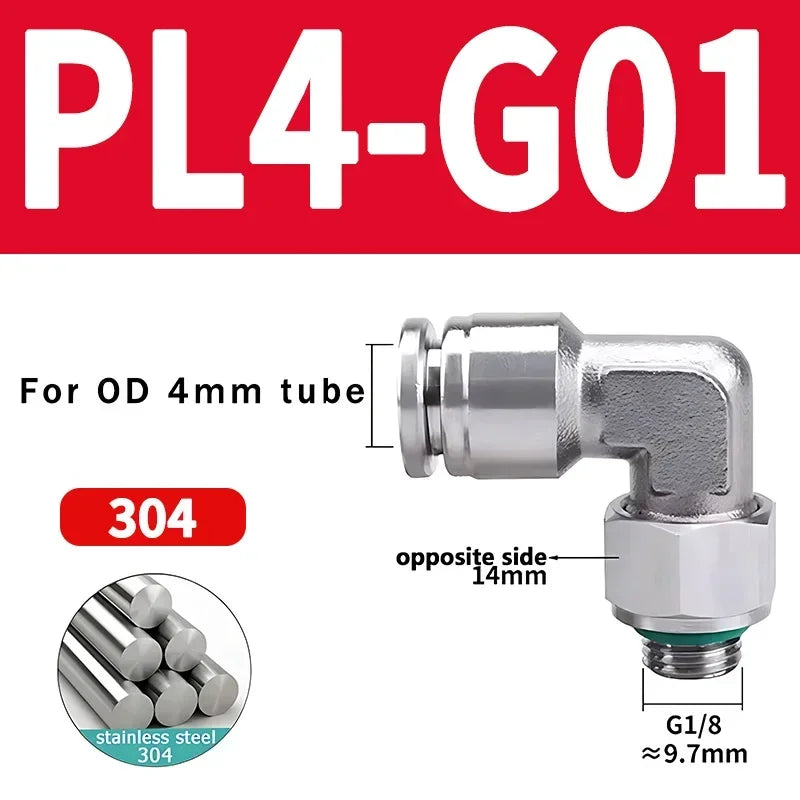 PL-G 304 Stainless Steel Pneumatic Elbow Fitting 1/8 1/4 3/8 1/2 External G Thread Quick Coupling Joint