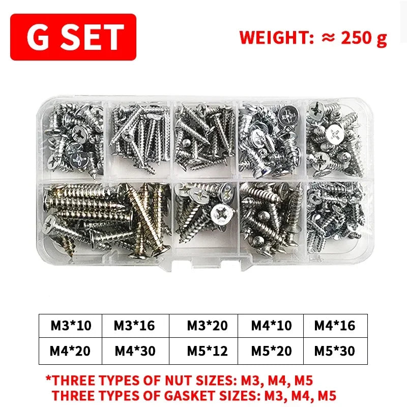 M3-M6 Phillips Pan Head Self-Tapping Screw Assortment Kit with Nuts and Washers Stainless Steel Fastener Set for DIY Machinery