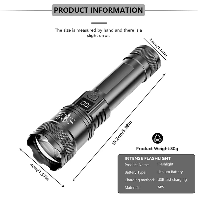 Ultra Bright LED Flashlight Battery Display Rechargeable Zoom Torch
