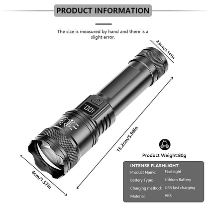 Ultra Bright LED Flashlight Battery Display Rechargeable Zoom Torch