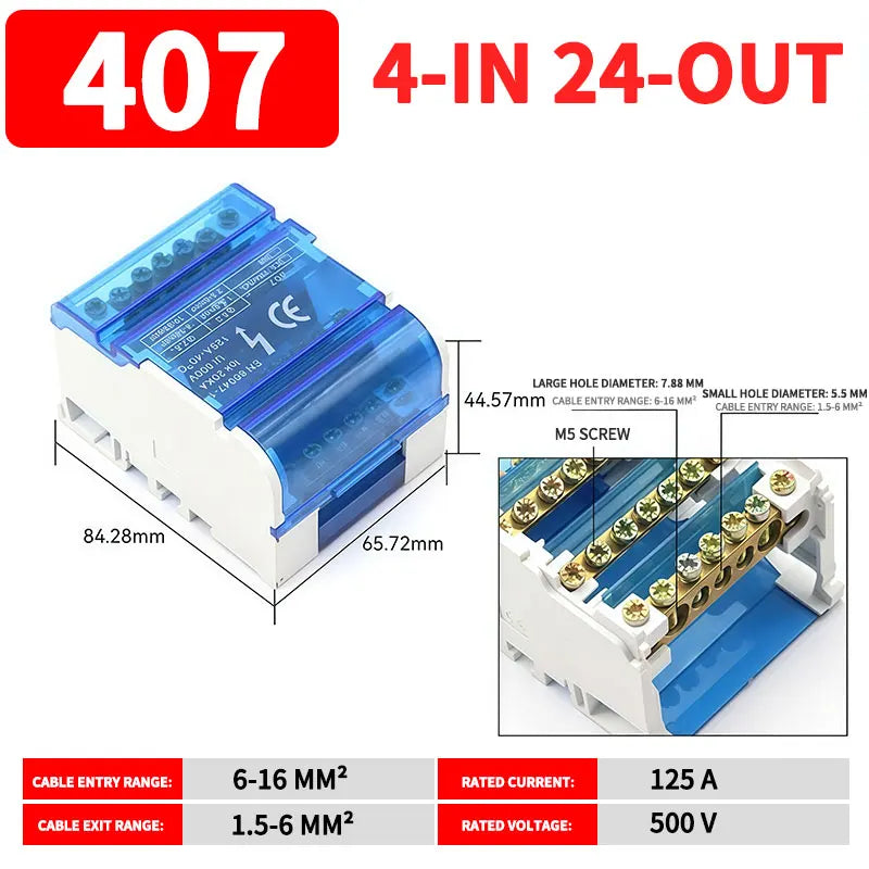 UK207 UK211 UK215 UK407 UK411 UK415 DIN Rail Terminal Block 125A Electrical Distribution Junction Box 1 In 2 4 6 Out
