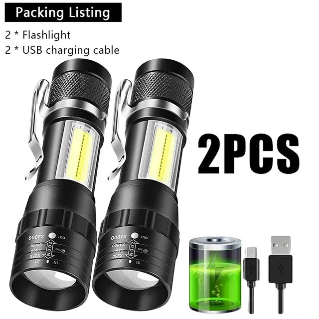 USB Rechargeable Mini Flashlight COB XPE Zoom Torch 3 Mode