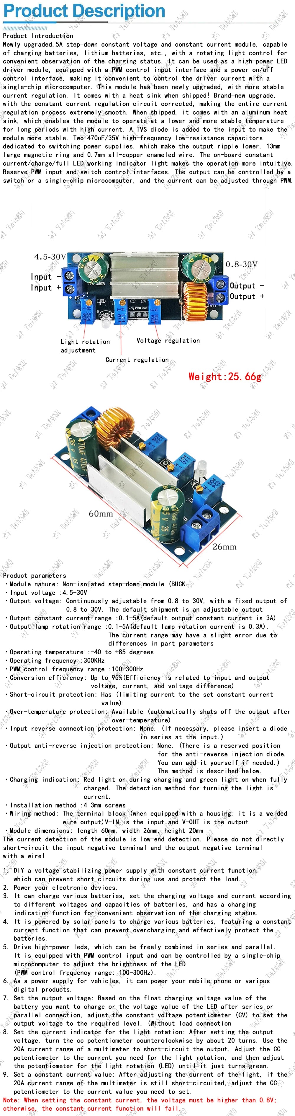 XL4005 DC-DC Step-Down Buck Power Supply Module 5A Adjustable CC/CV Lithium Charger for Arduino