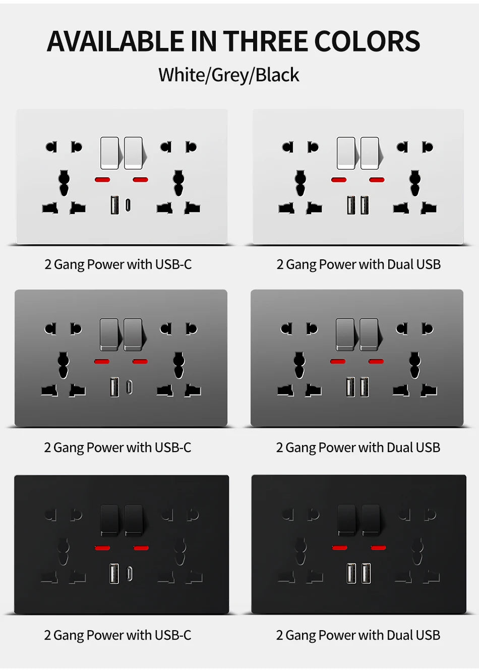 Universal Wall Socket with USB-C and USB Charger 2 Gang Power Outlet with Switch Flush Mount AC 110-250V