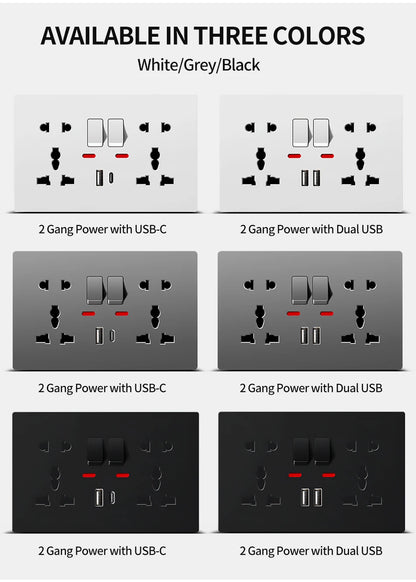 Universal Wall Socket with USB-C and USB Charger 2 Gang Power Outlet with Switch Flush Mount AC 110-250V