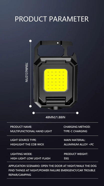 COB Work Light USB Rechargeable Lamp Flashlight Mini Keychain Light with 90° Foldable Side Lights Super Bright Portable Lanterns