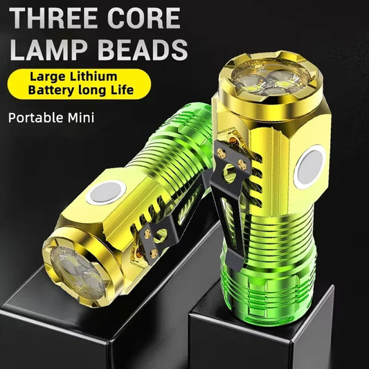 Three-eye Mini LED Flashlight with Clip Type-C Rechargeable Torch Outdoor Portable Waterproof Light for Camping Hiking
