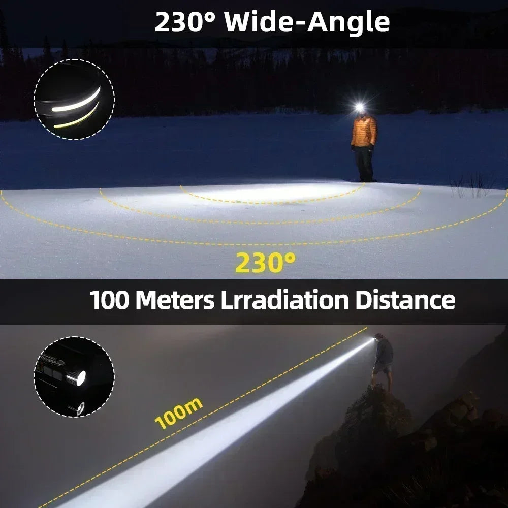 LED+COB Dual Light Source Induction Headlight Detachable 2-in-1 Flashlight 9-level Dimming Outdoor Multifunctional Fishing Torch