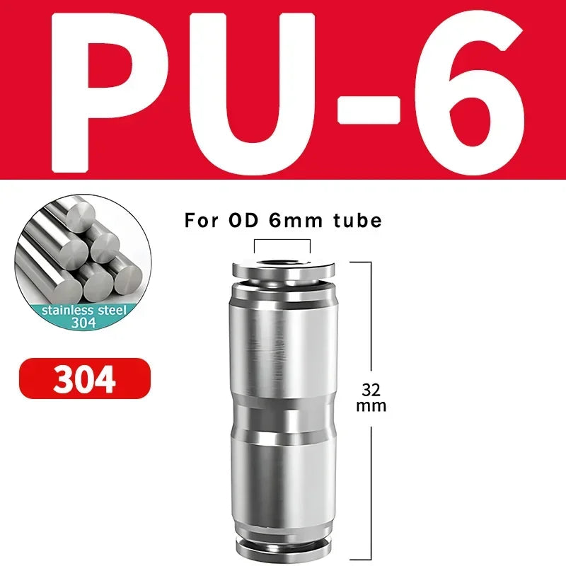 304 Stainless Steel Pneumatic Quick Connect Fitting PG PU 4/6/8/10mm Air Compressor Gas Pipe Hydraulic Plug-In
