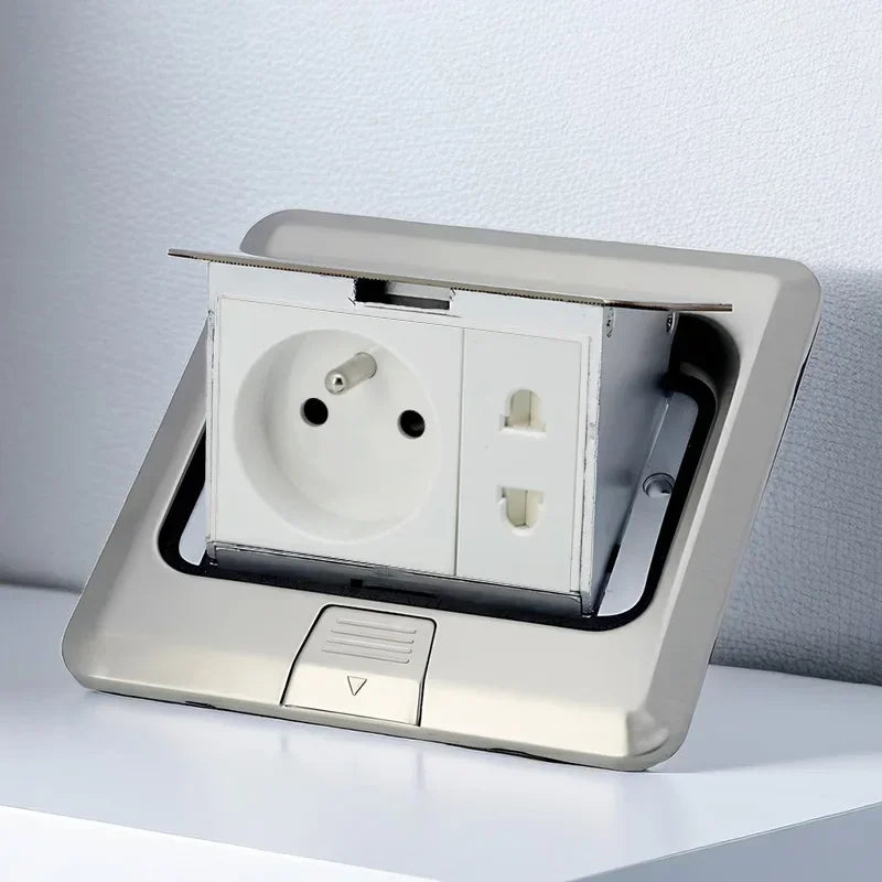 Floor Electrical Outlet Pop Up Kitchen Countertop Waterproof Sockets Pop Out Receptacle Stainless Steel Box Golden Cover 15A