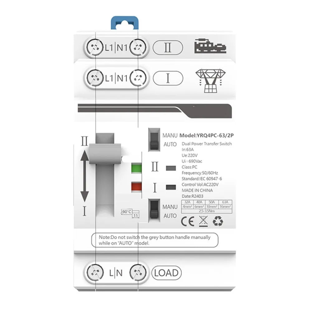 Dual Power Electrical Transfer Switch for ATS 2P 63A 220V Designed for Generator Use to Automatically Manage Power Sources