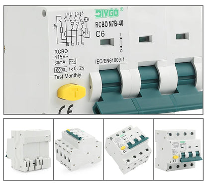 RCBO 3P+N Electro-Magnetic Residual Current Circuit Breaker with Overcurrent Leakage Protection 240V 4P