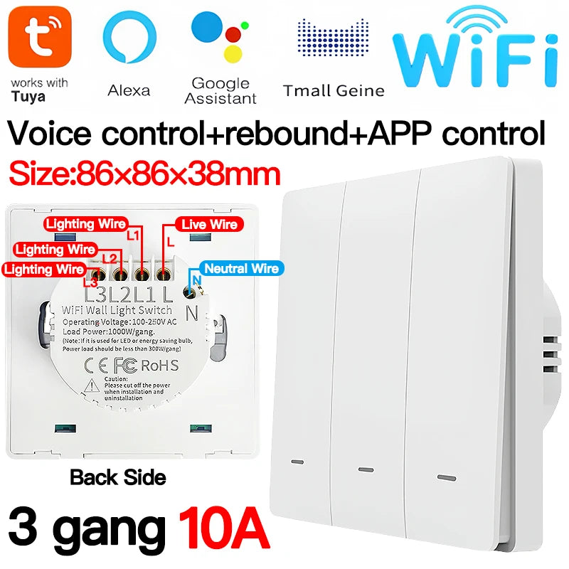 Tuya ZigBee Smart Light Switch No Neutral Wire 1/2/3 Gang Wall Touch Switch Works with Alexa Google Home