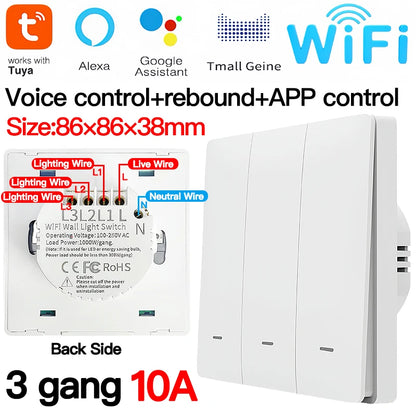 Tuya ZigBee Smart Light Switch No Neutral Wire 1/2/3 Gang Wall Touch Switch Works with Alexa Google Home