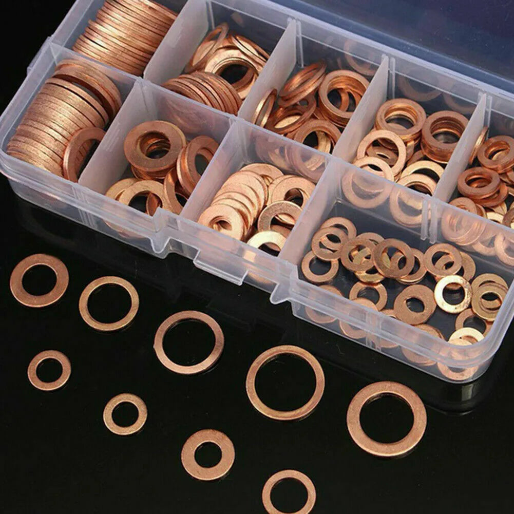 150PCS M5–M22 Copper Crush Washer Gasket Set — Flat Ring Seal Assortment Kit for Oil Pan &amp; Hydraulic Fittings