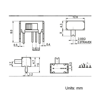 10Pcs SS13D07VG2 4 Pin 3 Position 1P3T Vertical Slide Switch 2mm