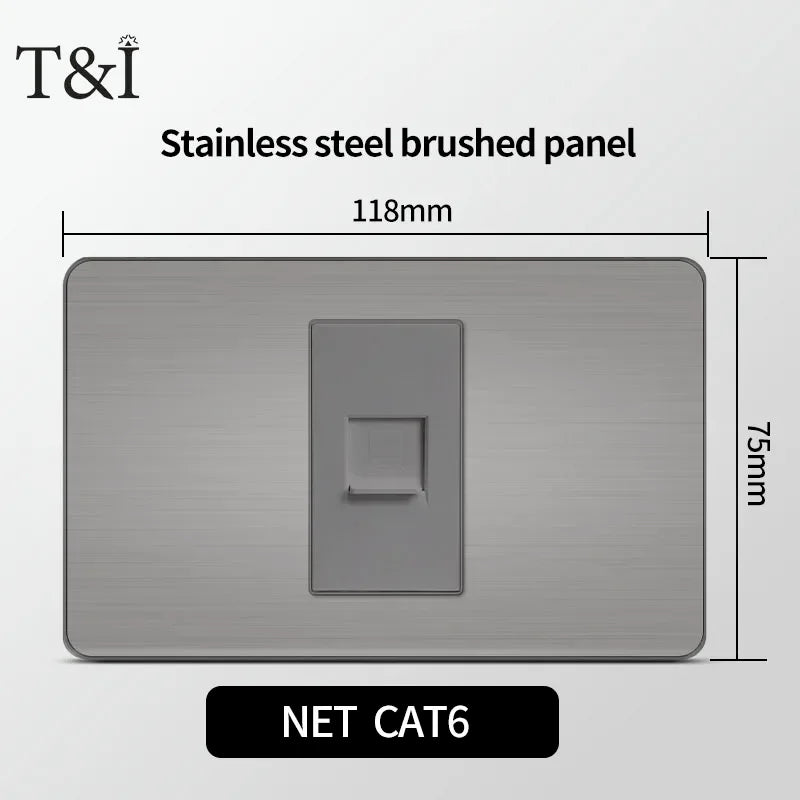 Stainless Steel Wall Socket 118x75mm Italian-Style with USB-C Schuko Chilean Plug Brushed Finish for Home Office