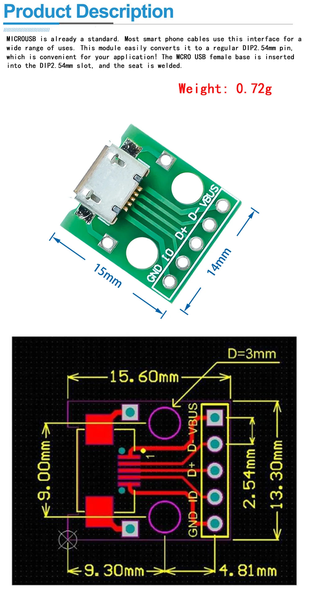Micro USB to DIP Adapter — 5-Pin Female, 2.54mm Pitch, PCB Breakout, -40°C to 85°C (5-Pack)