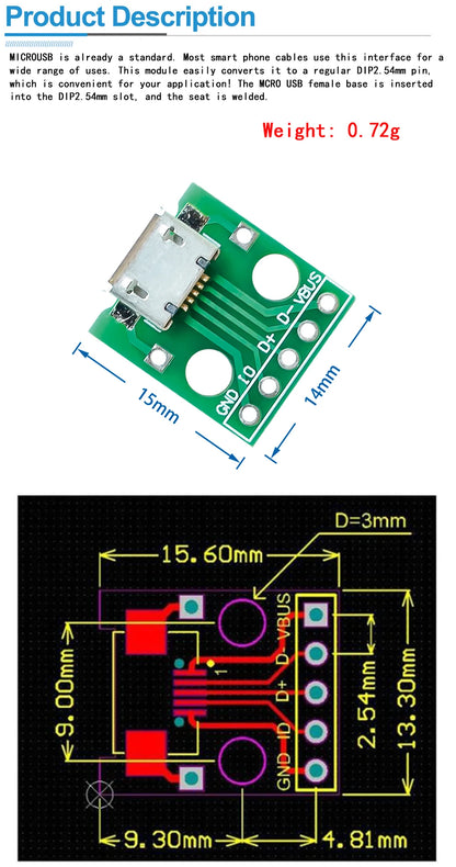 Micro USB to DIP Adapter — 5-Pin Female, 2.54mm Pitch, PCB Breakout, -40°C to 85°C (5-Pack)