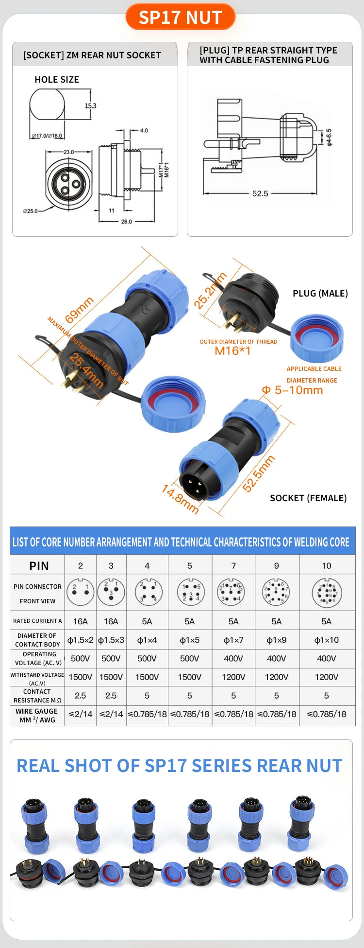 SP Series IP68 Waterproof Aviation Connector SP13 SP16 SP17 SP20 SP21 2-12Pin Panel Mount Plug and Socket