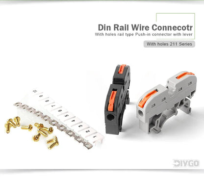 10PCS Din Rail Terminal Block 211 Wire Electrical Conductor Universal Fast Cable Connector with Number Strip Set