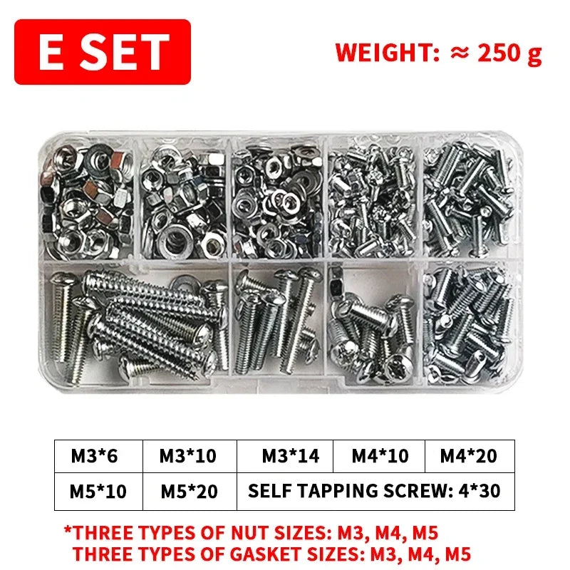 M3-M6 Phillips Pan Head Self-Tapping Screw Assortment Kit with Nuts and Washers Stainless Steel Fastener Set for DIY Machinery