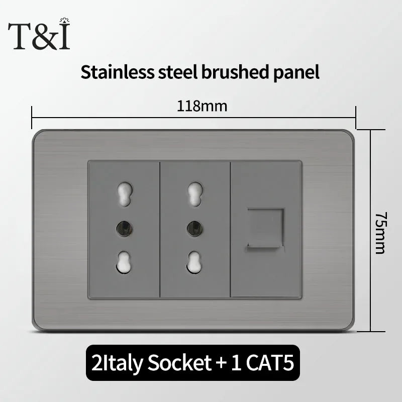 Stainless Steel Wall Socket 118x75mm Italian-Style with USB-C Schuko Chilean Plug Brushed Finish for Home Office