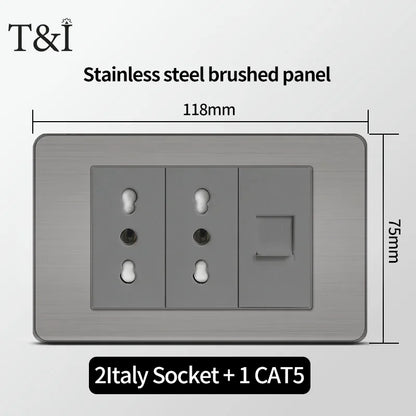 Stainless Steel Wall Socket 118x75mm Italian-Style with USB-C Schuko Chilean Plug Brushed Finish for Home Office