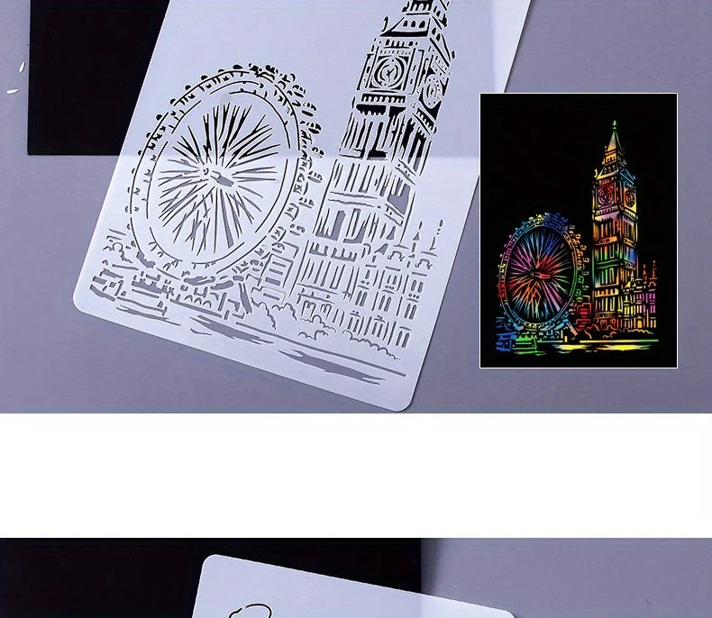 A4 DIY Painting Wall Stencil Airbrush   Drawing Copy Templates London Bridge Big Ben castle Burj Al Arab Five Towers White House