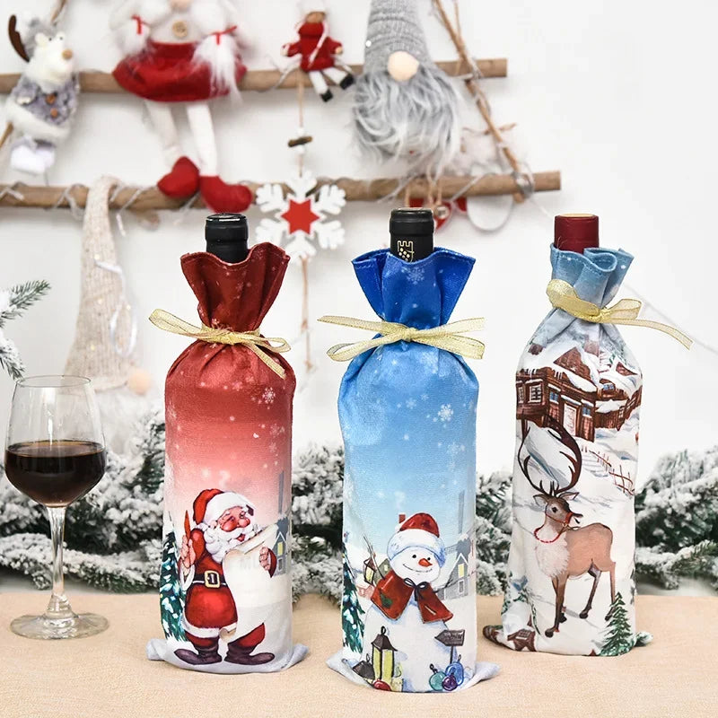 Creative Christmas Wine Bottle Cover Set Velvet Santa & Snowman Decor