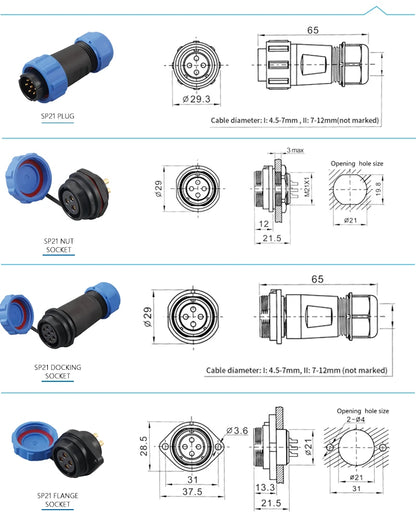 SP21 Nut Flange Docking Waterproof Aviation Connectors 2/3/4/5/7/9/12 Pins Panel Mount Cable Wire IP68 Male Female Plug Socket