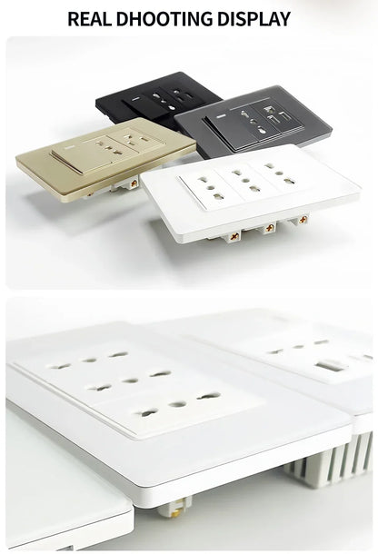 118-Style EU/CL Dual Socket with USB-C PD 20W Tempered Glass Italy & Chile Outlet for Home Office