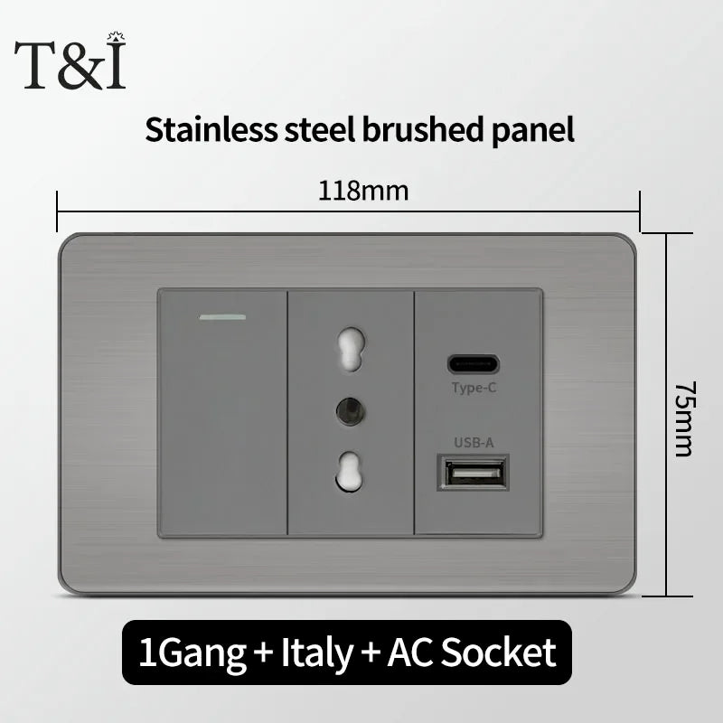 Stainless Steel Wall Socket 118x75mm Italian-Style with USB-C Schuko Chilean Plug Brushed Finish for Home Office
