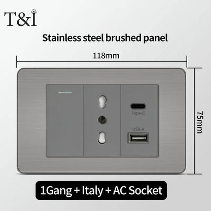 Stainless Steel Wall Socket 118x75mm Italian-Style with USB-C Schuko Chilean Plug Brushed Finish for Home Office
