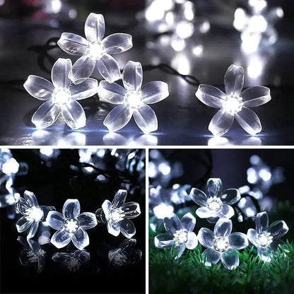 Solar Sakura Fairy String Lights, 5/7/12/22M Peach Blossom Cherry LED Lamp for Wedding, Party, Garden, Christmas Outdoor Decor