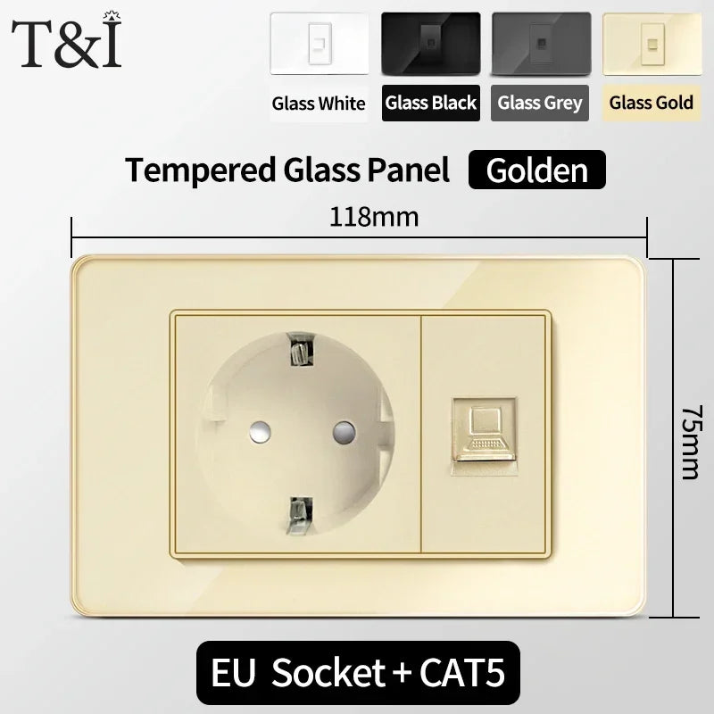 118-Style EU/CL Dual Socket with USB-C PD 20W Tempered Glass Italy & Chile Outlet for Home Office