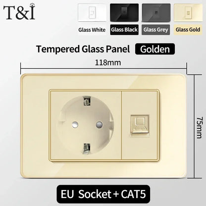 118-Style EU/CL Dual Socket with USB-C PD 20W Tempered Glass Italy & Chile Outlet for Home Office