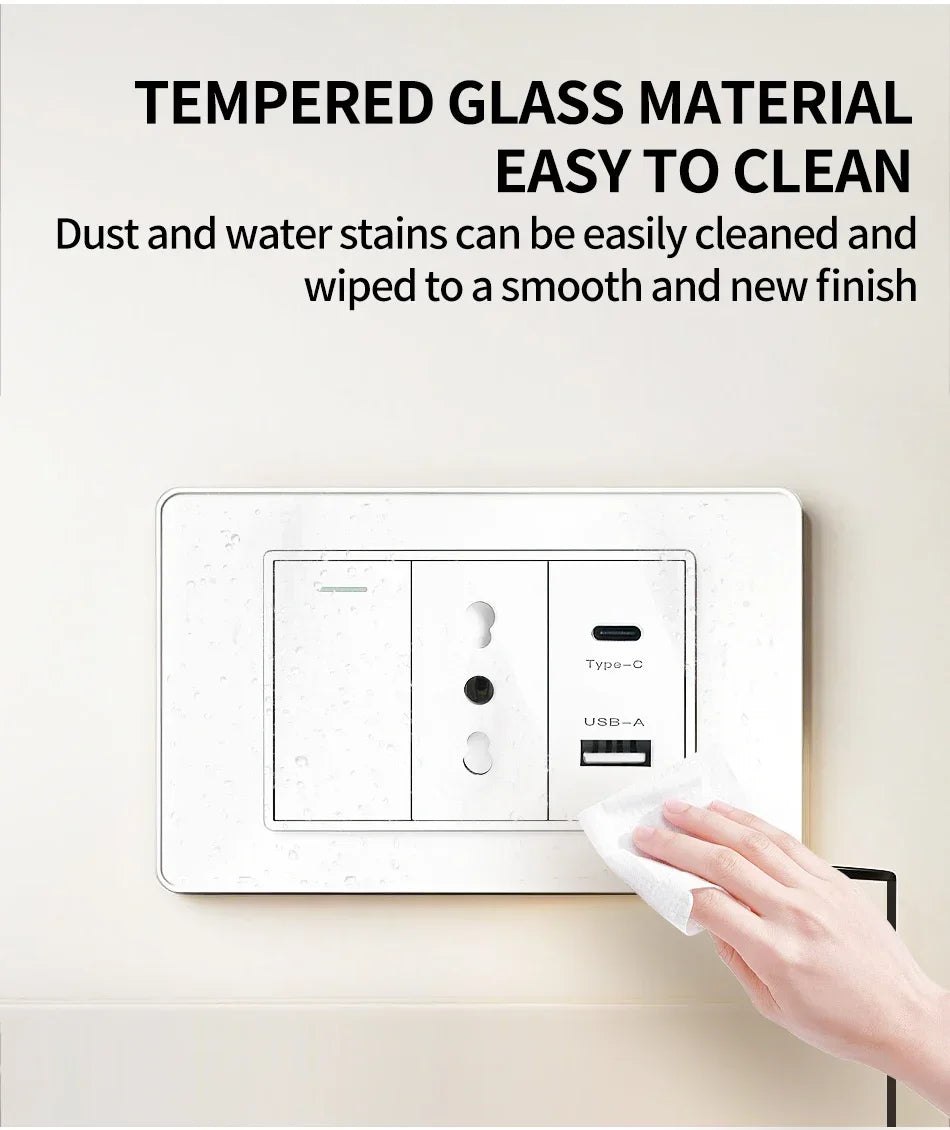T&I Wall Switch Socket with USB-C Fast Charging Italy & Chile Schuko Outlet Tempered Glass Panel