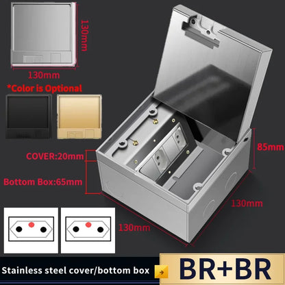 Hidden Floor Socket with USB Charging Ports 304 Stainless Steel Underground Power Outlet EU FR BR IL IT Standard 130×130mm
