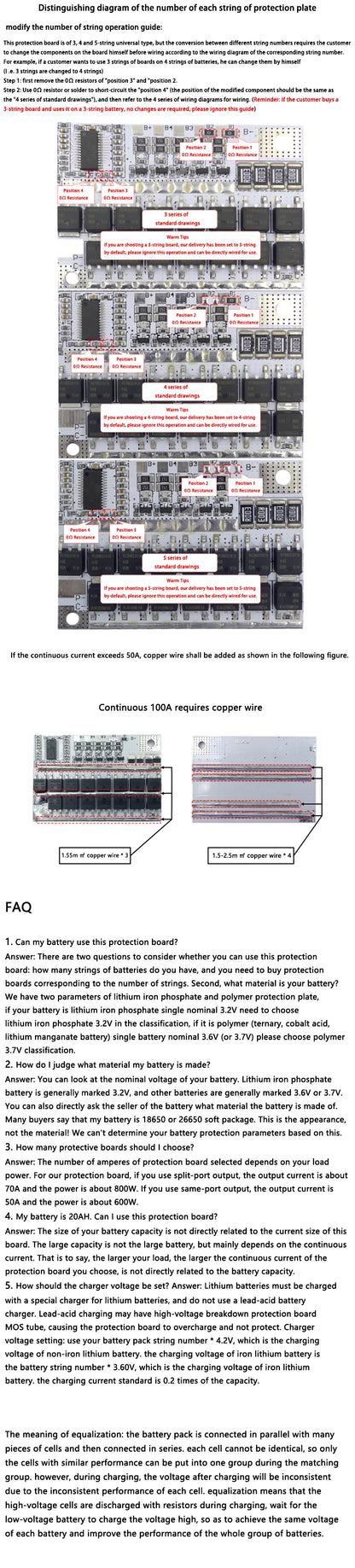Lithium Battery Protection Board BMS 3S-5S 12V 3.7V 100A LMO / LiPo / LiFePO4