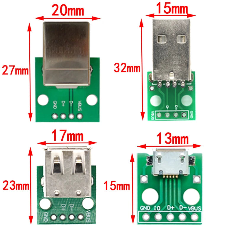 USB Male to DIP Adapter — Mini-B / Micro-B / Type-C / USB-A 2.0 / 3.0, PCB Breakout (2-Pack)