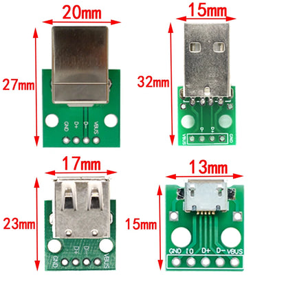 USB Male to DIP Adapter — Mini-B / Micro-B / Type-C / USB-A 2.0 / 3.0, PCB Breakout (2-Pack)