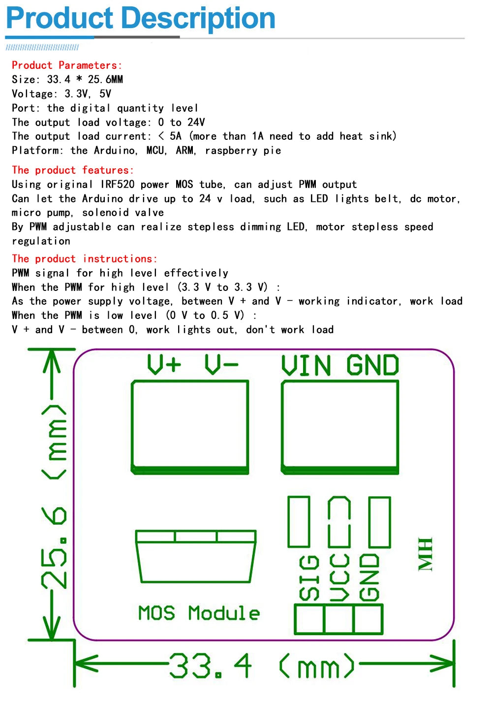IRF520 MOSFET Driver Module 0–24V for Arduino MCU ARM Raspberry Pi