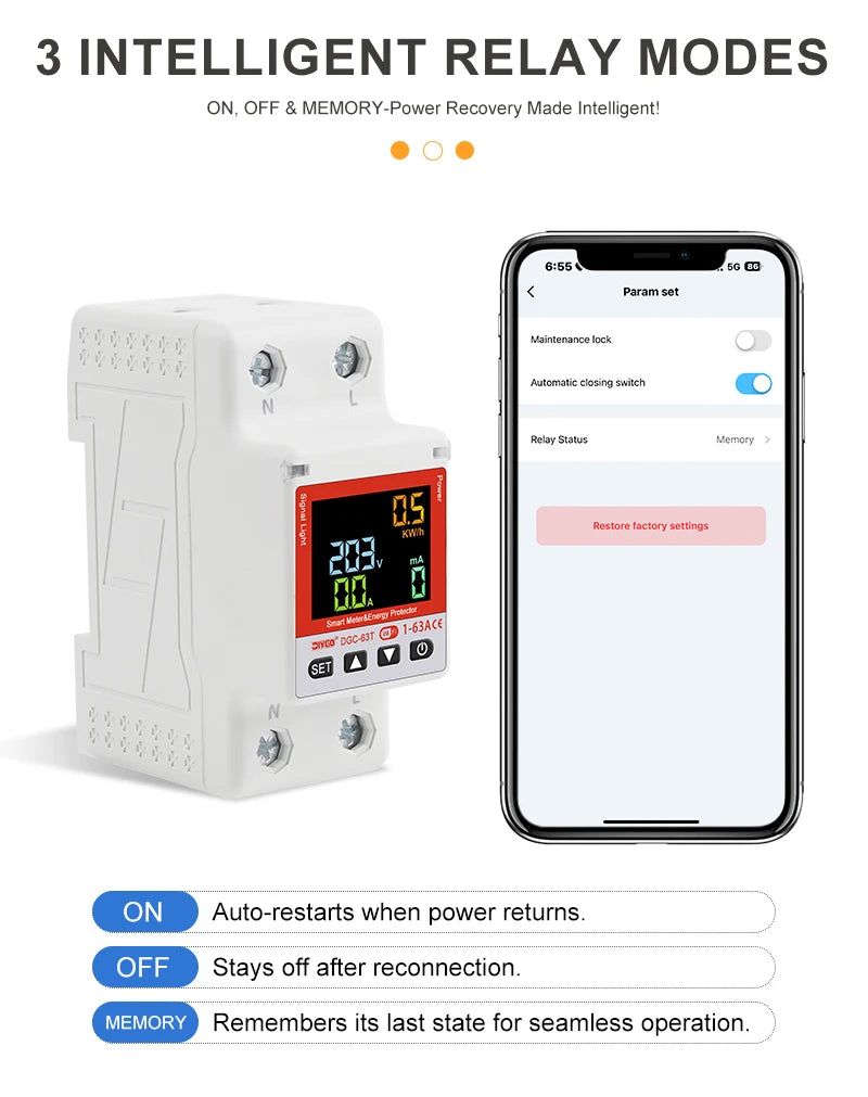 2P WiFi Smart Circuit Breaker DGC-63T, Remote Control 1-63A Adjustable Switch, Timer, Voltage, Current, Temperature, Leakage Protection