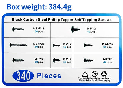 PWA Cross Self-Tapping Black Screw M3 M3.5 M4 M4.8 Carbon Steel Round Pan Head Tapping Screw with Washer Assortment Kit