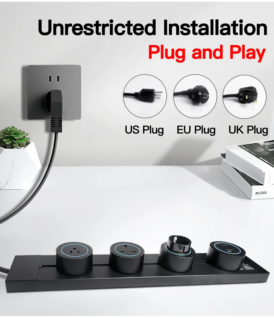 Power Track Socket Rail with USB Type-C Wall Mounted Modular Outlet Strip US/EU/UK Adapters 40-50cm
