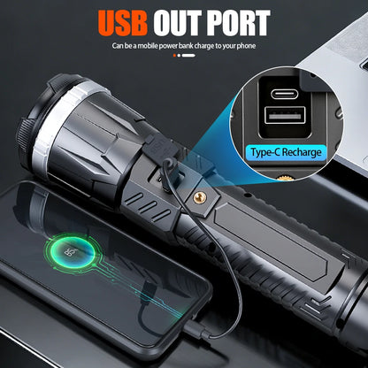 Rechargeable LED Flashlight Powerful Torch with Side Light Power Bank Zoom Emergency Lamp Outdoor Strong Light Camping Lantern