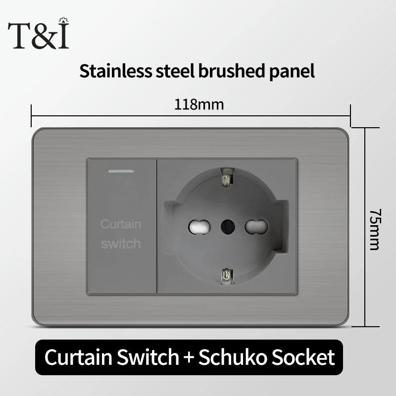 Stainless Steel Wall Socket 118x75mm Italian-Style with USB-C Schuko Chilean Plug Brushed Finish for Home Office