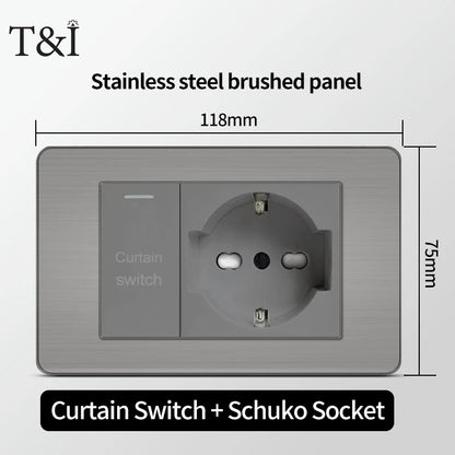 Stainless Steel Wall Socket 118x75mm Italian-Style with USB-C Schuko Chilean Plug Brushed Finish for Home Office